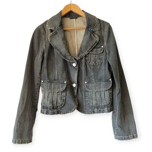 Vintage 90s Sisley Denim Jacket Fitted Minimalist French Dark Grey Size 10